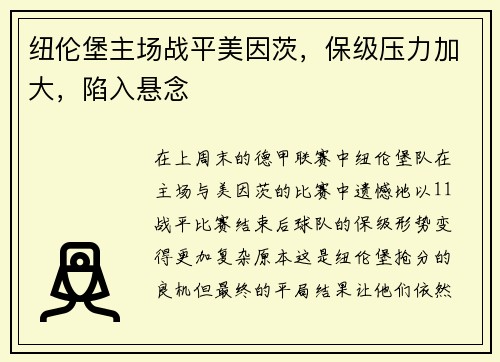 纽伦堡主场战平美因茨，保级压力加大，陷入悬念